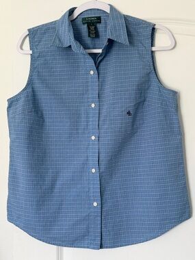 Ralph Lauren Women Sleeveless Button Shirt Blue Plaid Cotton L Classic Fit